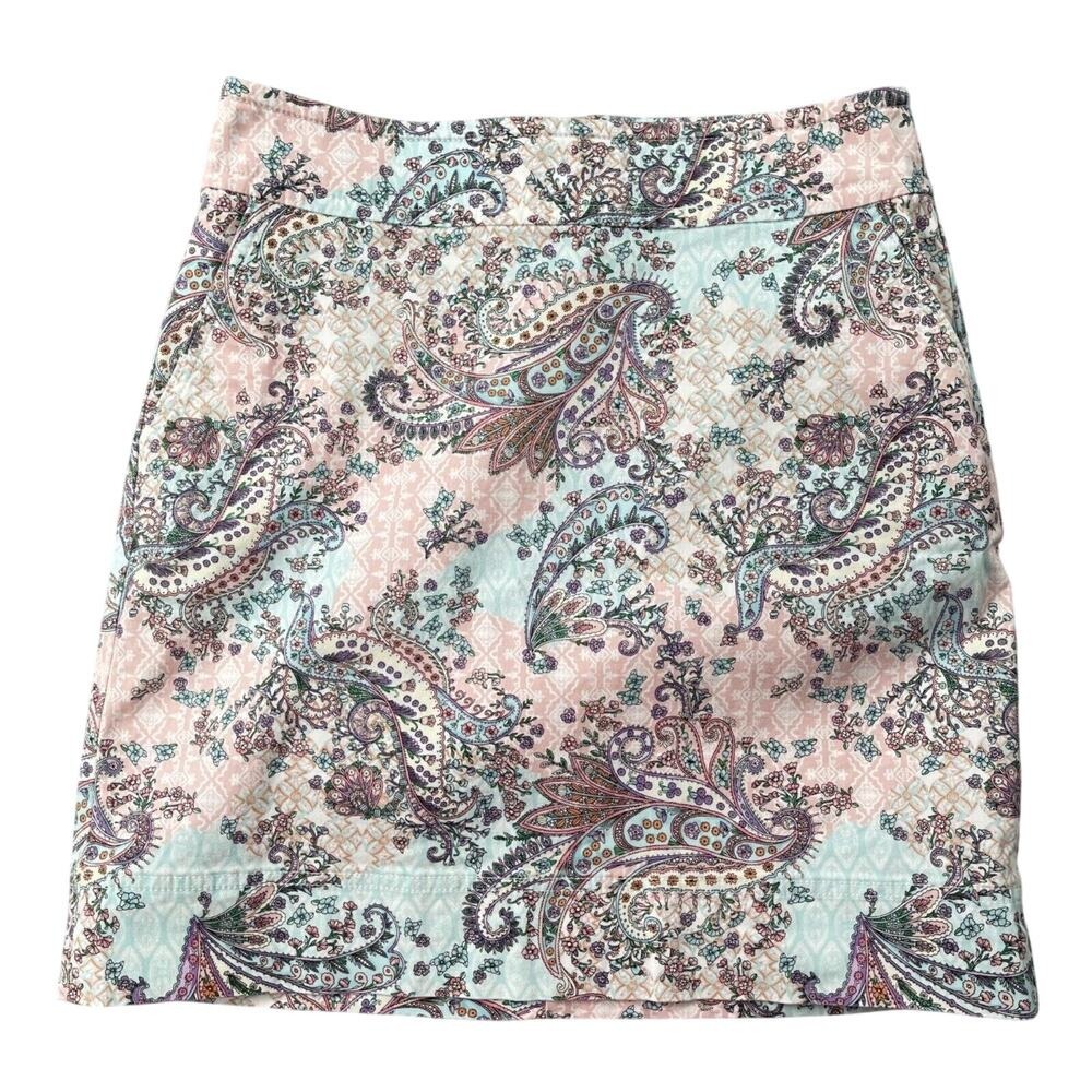 Talbots Skirt 6Pโ Light Pink Blue Paisley Cotton Stretch Pockets Pastel Preppy